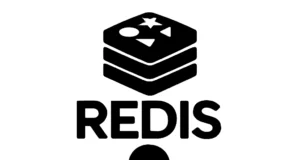 Ilustración en blanco y negro: en la parte superior, el icono de la base de datos en memoria Redis; debajo, la palabra ‘REDIS’ en mayúsculas; y en la parte inferior, una figura humana simplificada de pie sosteniendo un escudo con la inscripción ‘AGPL v3’, todo en trazos sólidos y alto contraste.