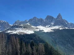 Los árboles de abeto se comunican durante un eclipse solar Paisaje montañoso de los Dolomitas con picos nevados al fondo, bosques de coníferas en primer plano y cielo despejado.
