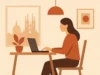 España entre los países con menor promedio de trabajo desde casa: solo 1,2 días a la semana Ilustración minimalista de una mujer trabajando desde casa con un portátil sobre una mesa, frente a una ventana con vistas a una ciudad reconocible por la silueta de la Sagrada Familia, en un ambiente cálido y sereno.