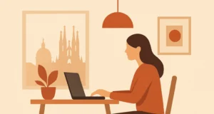 Ilustración minimalista de una mujer trabajando desde casa con un portátil sobre una mesa, frente a una ventana con vistas a una ciudad reconocible por la silueta de la Sagrada Familia, en un ambiente cálido y sereno.