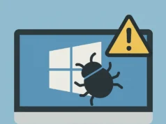 Microsoft frena publicación de Windows Insider por un bug devastador Ilustración digital en 2D de un monitor de ordenador con el logotipo de Windows en la pantalla, sobre el cual aparece un icono de insecto negro que representa un bug. En la esquina superior derecha del monitor se muestra un triángulo amarillo con un signo de exclamación, indicando una advertencia o fallo crítico. El fondo es azul claro y el estilo es plano y minimalista.