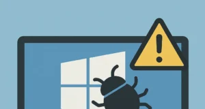Ilustración digital en 2D de un monitor de ordenador con el logotipo de Windows en la pantalla, sobre el cual aparece un icono de insecto negro que representa un bug. En la esquina superior derecha del monitor se muestra un triángulo amarillo con un signo de exclamación, indicando una advertencia o fallo crítico. El fondo es azul claro y el estilo es plano y minimalista.