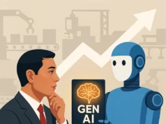 El presidente de Foxconn predice que la inteligencia artificial acabará con la búsqueda de mano de obra barata en la manufactura Ilustración digital de un robot azul mostrando una tableta con el texto "GEN AI" y el ícono de un cerebro iluminado, mientras un hombre de traje lo observa pensativo. Al fondo, se ven siluetas de fábricas, robots industriales y una flecha ascendente, representando el impacto del uso de inteligencia artificial generativa en la industria manufacturera.