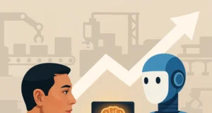 Ilustración digital de un robot azul mostrando una tableta con el texto "GEN AI" y el ícono de un cerebro iluminado, mientras un hombre de traje lo observa pensativo. Al fondo, se ven siluetas de fábricas, robots industriales y una flecha ascendente, representando el impacto del uso de inteligencia artificial generativa en la industria manufacturera.