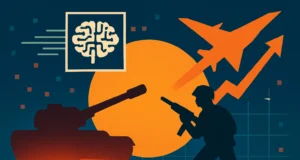 Ilustración conceptual que representa el uso de inteligencia artificial en contextos militares. En primer plano se muestran las siluetas de un tanque, un soldado armado y un avión de combate. Sobre el fondo, una imagen estilizada de un cerebro dentro de un recuadro simboliza la inteligencia artificial. Un gráfico de flecha ascendente sugiere aumento o escalada. Los tonos predominantes son naranja y azul, con elementos de diseño que evocan tecnología y estrategia.