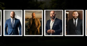 Collage de cuatro retratos de hombres vestidos con traje en distintos entornos profesionales y elegantes. Tres de ellos son calvos con barba bien recortada, y uno tiene el cabello peinado hacia atrás con barba completa. Todos proyectan una imagen de seriedad, confianza y estilo ejecutivo.