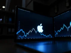 La sorpresiva caída de Apple tras su gran apuesta por la IA en WWDC 2025 Dos pantallas de ordenador portátil con gráficos bursátiles en color azul sobre fondo oscuro, mostrando fluctuaciones del mercado con el logotipo de Apple en el centro, representando el rendimiento financiero de la empresa tecnológica.