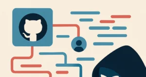 Sobre fondo crema, dos iconos de GitHub en recuadros azules están conectados por líneas de código en tonos rojos y azules que confluyen en un gancho de phishing rojo; a la derecha, la silueta oscura y encapuchada de un atacante sonriente.