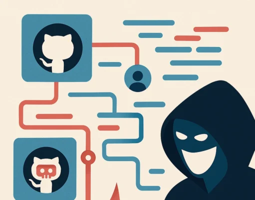 Sobre fondo crema, dos iconos de GitHub en recuadros azules están conectados por líneas de código en tonos rojos y azules que confluyen en un gancho de phishing rojo; a la derecha, la silueta oscura y encapuchada de un atacante sonriente.