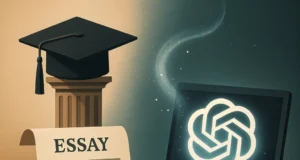 Ilustración dividida en dos mitades: a la izquierda, un birrete universitario sobre una columna clásica y un ensayo manuscrito con pluma; a la derecha, una laptop encendida con el logo de ChatGPT brillando, conectada mágicamente al texto, simbolizando el papel de la inteligencia artificial en la redacción académica y el debate sobre el fin del ensayo tradicional.