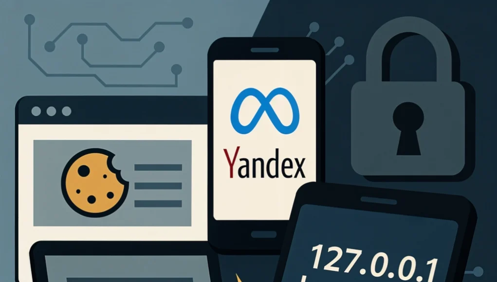 Ilustración conceptual sobre privacidad digital con iconos de seguridad, cookies, dispositivos móviles y referencias a Yandex, Meta y la dirección 127.0.0.1, representando temas de rastreo, redes locales y protección de datos.