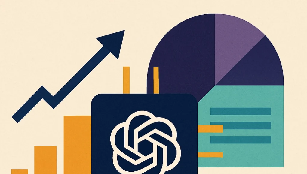 Ilustración digital abstracta y geométrica que representa la optimización de modelos de inteligencia artificial. En el centro, un chip con el logotipo de OpenAI conectado a elementos visuales como gráficos de barras ascendentes, una flecha hacia abajo y diagramas circulares, simbolizando el aumento del rendimiento y la reducción de costes. Los colores predominantes son azul, naranja y verde agua, con un fondo beige claro que resalta las formas.