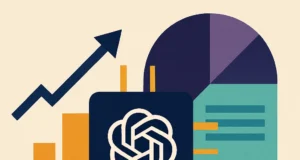 Ilustración digital abstracta y geométrica que representa la optimización de modelos de inteligencia artificial. En el centro, un chip con el logotipo de OpenAI conectado a elementos visuales como gráficos de barras ascendentes, una flecha hacia abajo y diagramas circulares, simbolizando el aumento del rendimiento y la reducción de costes. Los colores predominantes son azul, naranja y verde agua, con un fondo beige claro que resalta las formas.