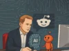 Reddit celebra su 20° aniversario con nuevas herramientas de inteligencia artificial Ilustración digital profesional de un hombre de traje sentado en una oficina, sosteniendo una figura en forma de cabeza con un símbolo de inteligencia artificial (AI) y circuitos. Frente a él, un robot naranja sonriente con forma similar al logo de Reddit. Al fondo, un gran icono del alienígena de Reddit dentro de un bocadillo, sobre un fondo azul oscuro con patrones de circuitos tecnológicos. A la derecha, un monitor y teclado completan la escena tecnológica.