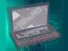 Ilustración conceptual de un portátil construido con estructuras atómicas simuladas, mostrando una red de átomos tipo celosía formando la carcasa. En la pantalla se muestra una imagen microscópica de un circuito electrónico con el texto "Penn State Nanofab" y "Zeiss Gemini 500". El fondo es azul con patrones de circuitos impresos.