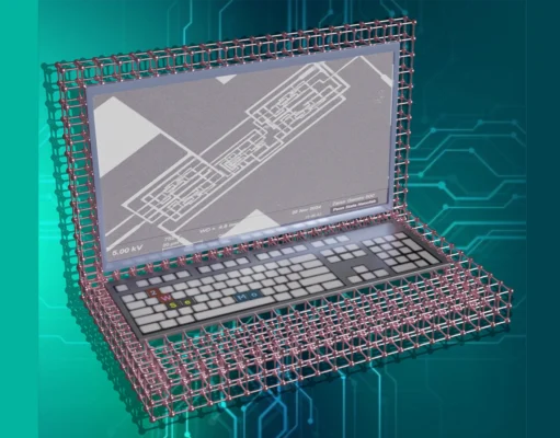 Ilustración conceptual de un portátil construido con estructuras atómicas simuladas, mostrando una red de átomos tipo celosía formando la carcasa. En la pantalla se muestra una imagen microscópica de un circuito electrónico con el texto "Penn State Nanofab" y "Zeiss Gemini 500". El fondo es azul con patrones de circuitos impresos.