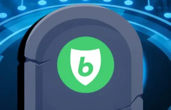 Tumba digital con el logo de BulletVPN en el centro, representando el cierre del servicio o de suscripciones de por vida, sobre un fondo azul con circuitos tecnológicos.