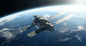 Satélite artificial con paneles solares desplegados orbitando la Tierra, con el planeta azul visible al fondo y la luz solar iluminando el borde de la atmósfera.