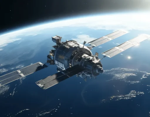 Satélite artificial con paneles solares desplegados orbitando la Tierra, con el planeta azul visible al fondo y la luz solar iluminando el borde de la atmósfera.