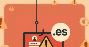 Ilustración de ciberseguridad que muestra un portátil con una alerta de peligro en la pantalla, un formulario de inicio de sesión y el dominio “.es”. Un anzuelo de phishing cuelga desde arriba, simbolizando un intento de robo de datos en dominios españoles. El fondo contiene múltiples iconos de advertencia.