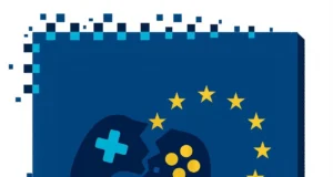 Ilustración vectorial minimalista de un mando de videojuego azul oscuro partido en dos, cuyos fragmentos se desintegran en píxeles; a la derecha, el mando está rodeado por un círculo de doce estrellas amarillas que representan la Unión Europea, todo sobre un fondo azul con bordes también pixelados.