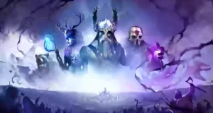 Ilustración de estilo fantástico que muestra cuatro figuras imponentes y enmascaradas emergiendo entre nubes moradas y azuladas, cada una con una pose poderosa y un aura mágica; una sostiene un cristal azul brillante, otra proyecta energía púrpura, evocando una atmósfera épica y misteriosa, similar al arte promocional de videojuegos tipo Final Fantasy.