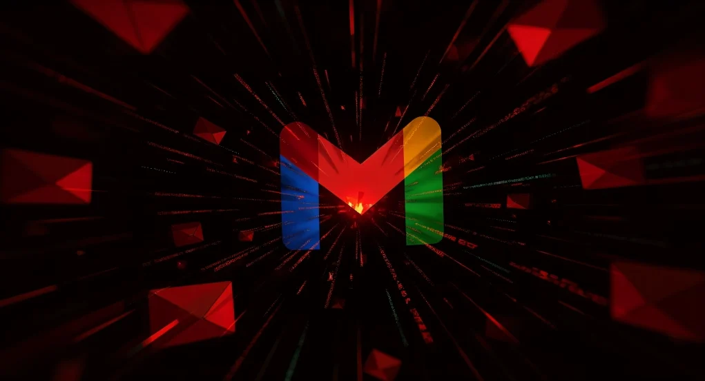 Logo de Gmail en colores vivos sobre un fondo negro, rodeado de múltiples sobres rojos flotando y líneas de datos rojizas que irradian desde el centro, evocando una atmósfera oscura y amenazante.