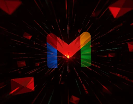 Logo de Gmail en colores vivos sobre un fondo negro, rodeado de múltiples sobres rojos flotando y líneas de datos rojizas que irradian desde el centro, evocando una atmósfera oscura y amenazante.