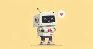 Ilustración vectorial de un pequeño robot retro con pantalla sonriente que abraza un corazón rojo, acompañado de un globo de diálogo con un icono de corazón sobre un fondo beige claro.