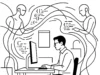 Ilustración en blanco y negro, estilo minimalista de líneas finas, que muestra a un ingeniero de software sentado frente a su ordenador en una oficina sobria. A su alrededor flotan tres figuras etéreas que representan agentes de inteligencia artificial, dibujadas con líneas curvas, mientras escriben líneas de código que giran en el aire.