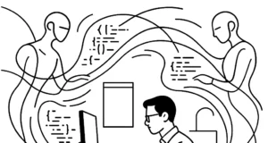 Ilustración en blanco y negro, estilo minimalista de líneas finas, que muestra a un ingeniero de software sentado frente a su ordenador en una oficina sobria. A su alrededor flotan tres figuras etéreas que representan agentes de inteligencia artificial, dibujadas con líneas curvas, mientras escriben líneas de código que giran en el aire.