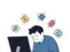 Ilustración de un desarrollador de software con expresión de frustración, sentado frente a un ordenador. Alrededor de su cabeza flotan varios iconos que representan inteligencia artificial, algunos de ellos con un efecto de "ralentización" o "atasco", sugiriendo ineficiencia o problemas.