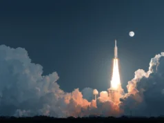 Lanzamiento nocturno de un cohete espacial iluminando el cielo entre densas nubes, con la luna visible al fondo. La escena transmite un momento épico de exploración y avance tecnológico.