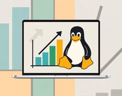 Ilustración en estilo plano que muestra al pingüino Tux, la mascota de Linux, junto a un gráfico de barras en ascenso que representa el crecimiento de la cuota de mercado del escritorio Linux. Las barras tienen distintos colores y un gran flecha negra apuntando hacia arriba enfatiza la tendencia positiva.