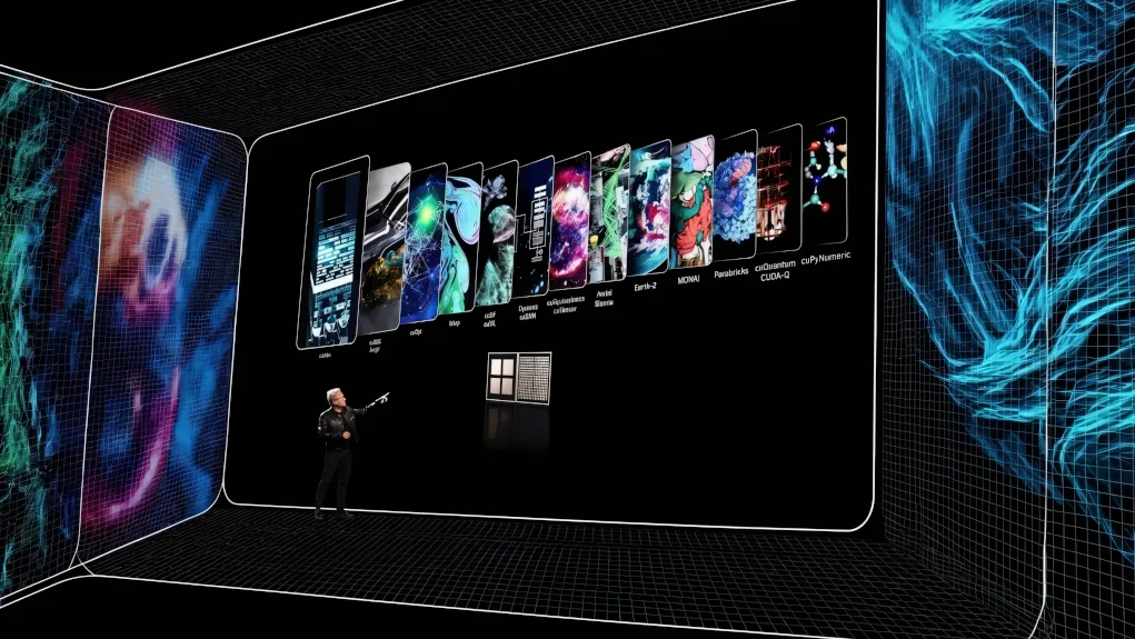 Presentación tecnológica con un ejecutivo de Nvidia señalando una pantalla gigante que muestra distintas aplicaciones de inteligencia artificial y computación, como cuOpt, Warp, Earth-2, MONAI y cuQuantum, representadas con ilustraciones visuales futuristas.