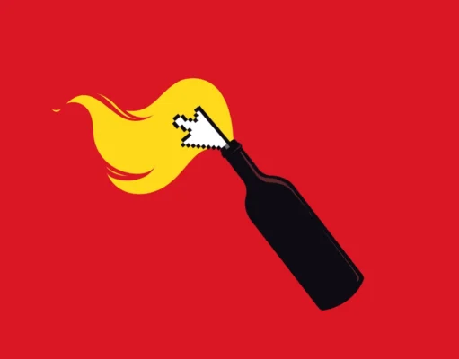 Ilustración conceptual sobre fondo rojo que muestra una botella negra tipo cóctel molotov con una llama amarilla encendida. En lugar de una mecha tradicional, la llama surge de un puntero digital de cursor en forma de mano, simbolizando la toxicidad o el poder destructivo de las redes sociales o del entorno digital.