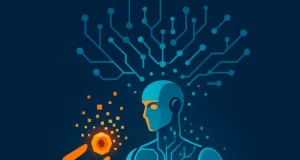 Lámina vectorial en tonos azul y naranja: un robot translúcido emerge de una cinta transportadora mientras una red de circuitos se expande sobre su cabeza. Una mano humana le ofrece una tuerca luminosa que se desintegra en píxeles, símbolo de la fusión entre IA y trabajo industrial.