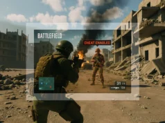 Los cheaters están atacando Battlefield 6: ¡Ni el Secure Boot puede detenerlos! Captura de pantalla de un videojuego tipo shooter ambientado en un escenario bélico urbano con edificios en ruinas. En primer plano, un soldado armado apunta a un enemigo que aparece resaltado con un contorno rojo y la etiqueta “CHEAT ENABLED”, indicando el uso de trampas o hacks para detectar rivales. En la esquina inferior izquierda se ve un minimapa, y en la parte inferior derecha, el contador de munición y arma equipada.