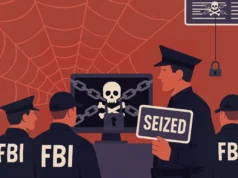 Desmantelado el imperio de ransomware BlackSuit en una operación internacional Ilustración digital en estilo plano que muestra a varios agentes del FBI y un oficial de policía frente a pantallas de ordenador con un icono de calavera y huesos cruzados encadenado con un candado, simbolizando la incautación de sistemas relacionados con cibercrimen. Uno de los agentes sostiene un cartel con la palabra “SEIZED” (incautado). El fondo es rojo con un gran diseño de telaraña y pequeños candados, representando la red criminal desmantelada.
