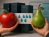 Google manipula las cifras para hacer que la IA parezca menos sedienta Dos manos sostienen una manzana roja y una pera verde frente a varios servidores, con una tarjeta en el centro que muestra gotas de agua azules en fila, representando una comparación simbólica del consumo de recursos.