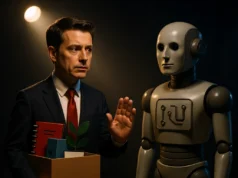 El CEO de AWS dice que usar IA para reemplazar personal junior es «Lo más estúpido que he escuchado» Un hombre de negocios con traje sostiene una caja de cartón con objetos de oficina y levanta la mano en señal de detener a un robot humanoide frente a él, bajo un foco de luz dramático.