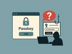 Investigadores revelan nueva técnica para burlar la seguridad de las passkeys Ilustración conceptual de un ataque de phishing que compromete la autenticación con passkey. A la izquierda, una interfaz de inicio de sesión segura con un candado y la palabra 'Passkey'. A la derecha, un hacker a la sombra frente a un portátil, conectado mediante un anzuelo a una pantalla de inicio de sesión falsa con un icono de llave y una burbuja de interrogación roja, simbolizando el engaño.