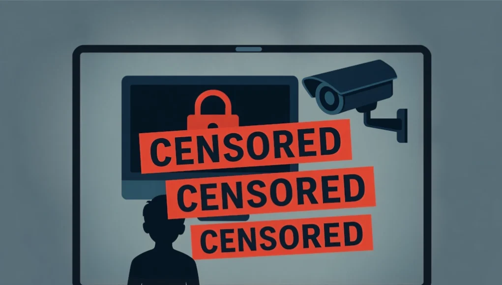Ilustración simbólica de la censura en internet. Un niño en silueta observa una pantalla de ordenador gigante con un candado rojo, una cámara de vigilancia y varias franjas rojas superpuestas con la palabra "CENSORED" (censurado). La imagen transmite una sensación de vigilancia, restricción y control digital.