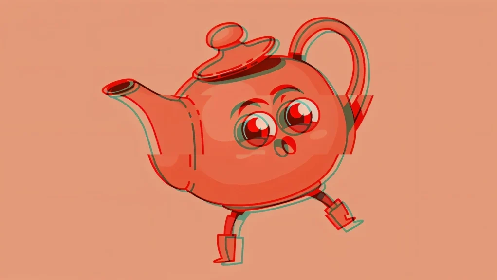 Ilustración de una tetera caricaturizada con ojos grandes y expresivos, botas y una leve distorsión de efecto 3D rojo y azul sobre un fondo color salmón.