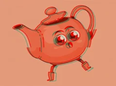 TeaOnHer, aplicación rival de Tea para hombres, filtra datos personales y licencias de conducir de usuarios Ilustración de una tetera caricaturizada con ojos grandes y expresivos, botas y una leve distorsión de efecto 3D rojo y azul sobre un fondo color salmón.