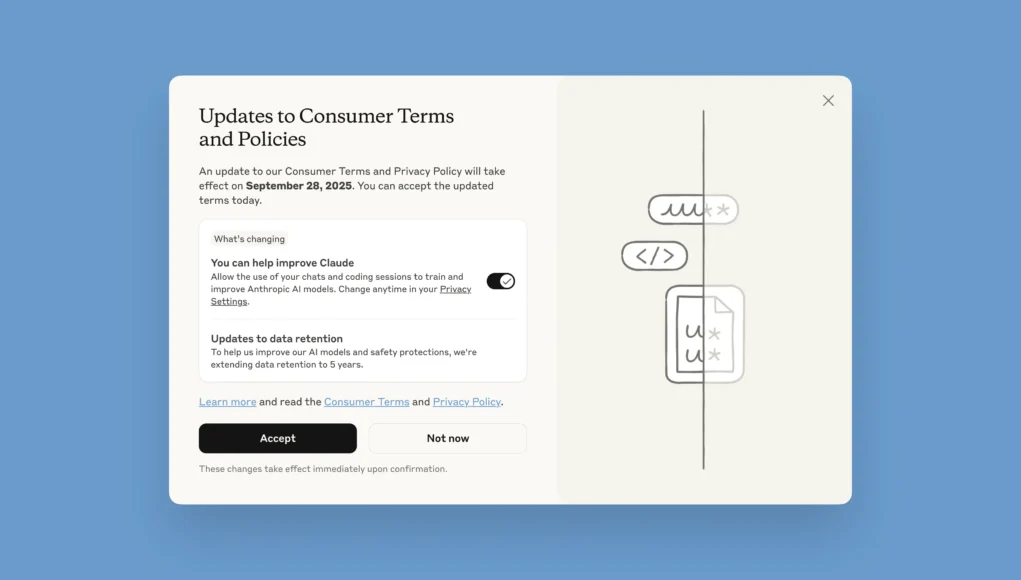 Notificación emergente de cambios en los Términos y Políticas de uso del servicio Claude de Anthropic, con fecha efectiva el 28 de septiembre de 2025. La ventana incluye opciones para aceptar o posponer la confirmación, junto a ilustraciones minimalistas de código y texto en el lado derecho. El fondo es azul claro.