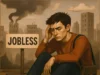 Jerome Powell y economistas confirman la crisis de empleo juvenil en Estados Unidos Ilustración de un joven con gesto preocupado, sentado en el suelo frente a un cartel que dice 'JOBLESS', con un paisaje urbano gris y fábricas humeantes al fondo, simbolizando el desempleo juvenil en un contexto sombrío.