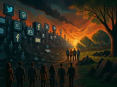 Estamos viendo los últimos coletazos de las redes sociales: ¿qué viene después? Un paisaje digital en ruinas, formado por grandes bloques oscuros con logotipos de redes sociales y siluetas humanas sin rostro, que evocan un entorno desolado y artificial. A la izquierda, el cielo arde con tonos rojos y anaranjados dramáticos, mientras en el lado derecho varias personas caminan hacia un horizonte iluminado, donde un campo verde y árboles ofrecen un contraste de esperanza frente al colapso del mundo virtual.