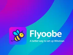 Nueva herramienta permite omitir requisitos de Windows 11 y desactivar todas las funciones de IA Logotipo de la aplicación Flyoobe sobre un fondo degradado en tonos azul, morado y turquesa. A la izquierda aparece un ícono cuadrado con una abeja estilizada de colores amarillo, azul y negro. A la derecha, en letras grandes blancas, se lee “Flyoobe” y debajo, en tipografía más pequeña, el eslogan “A better way to set up Windows”