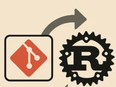 Git propone introducir Rust como dependencia obligatoria en la versión 3.0 Ilustración digital en estilo plano que muestra el logotipo de Git a la izquierda y el logotipo de Rust a la derecha, conectados por una flecha curva ascendente que simboliza la transición de Git hacia Rust.